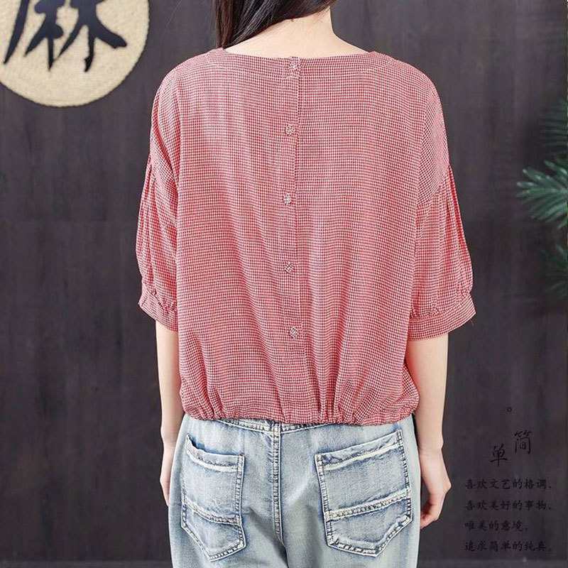 Arrival Summer Women Tshirt Plus Size Loose Casual Half Sleeve O-neck Tee Shirt Femme 100% Cotton Plaid Cute Shirts D12 210512