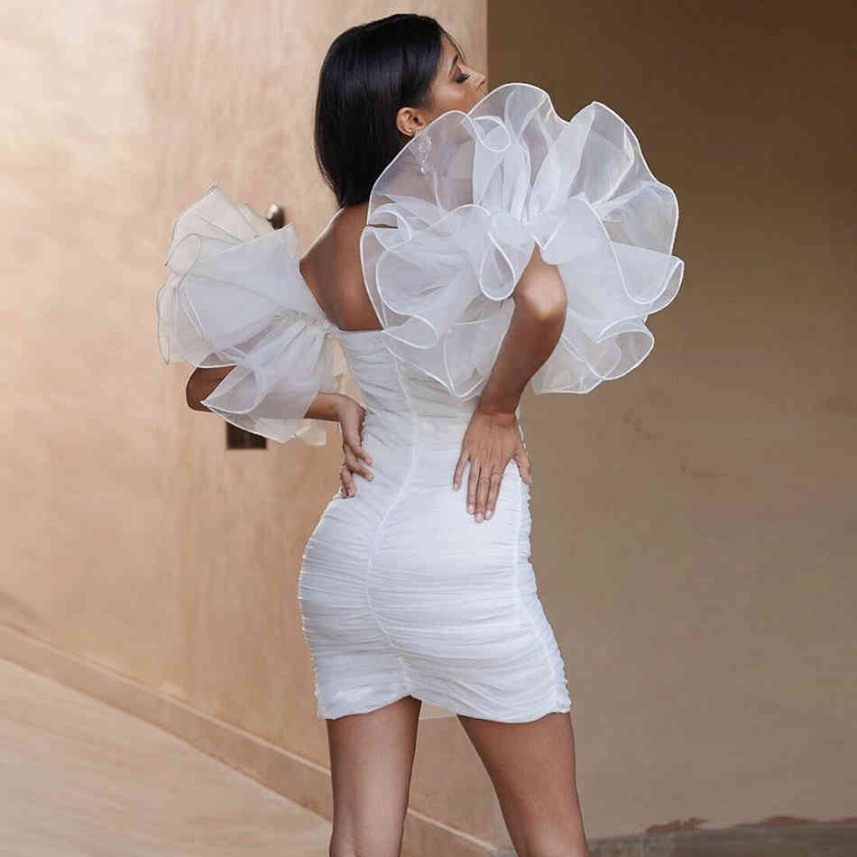 Winter Women White Lace Off Shoulder Mini Club Bandage Dress Sexy Ruffles Celebrity Evening Runway Party Dresses 210423