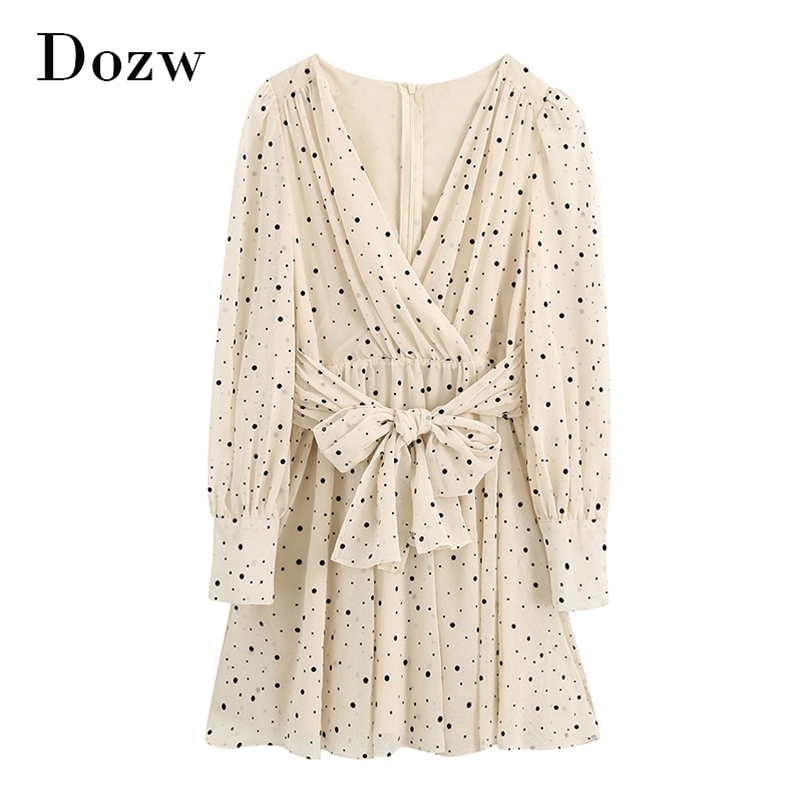 Casual Dot Dress V Neck Elegant Mini Long Sleeve Bandage Pleated Chiffon Women Summer Autumn Vestidos Mujer 210515