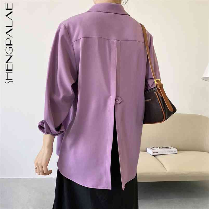 Back Slit Blouse Women's Spring Lapel Loose Single Breasted Long Sleeve Temperament Simple Shirt Female 5C12 210427