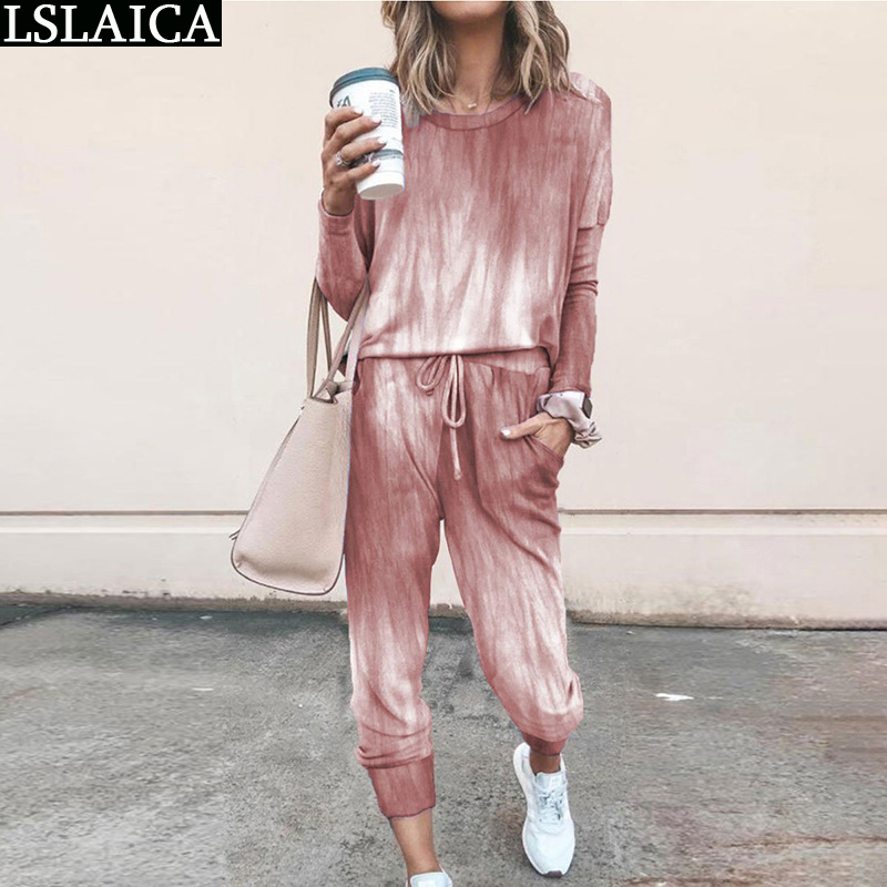 Two Piece Outfits Long Sleeve Top&Long Pant Plus Size Print Tie-Dye Tracksuits Women Set Casual Sport Loose Ropa Deportiva Mujer 210515