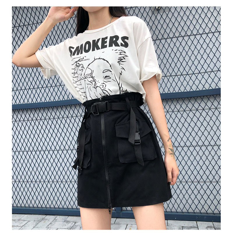 Pockets Skirt Sashes Ladies Short Tool Women's s Summer A Line Zipper Harajuku Mini with Belt 9780 210518