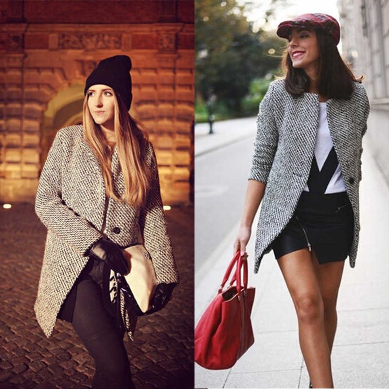 Spring Autumn Women's Houndstooth Trench Coat Elegant Outerwear for Women Turndown Collar Gray Femme Winter 210820