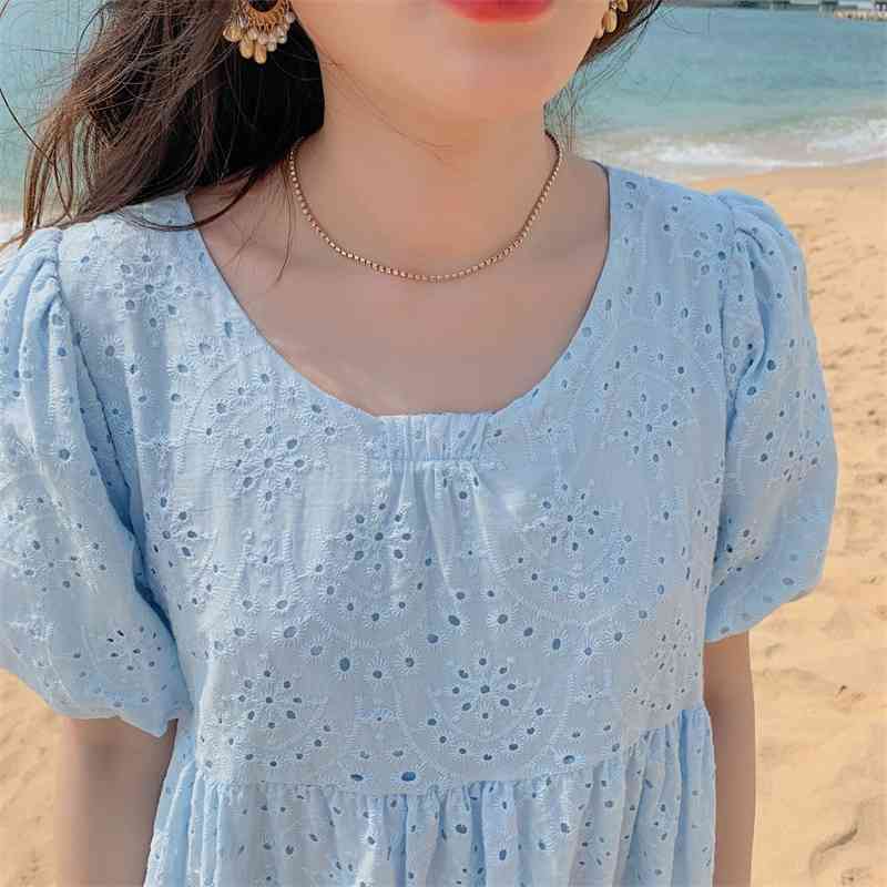 Blue Lace Dress Summer Cotton O-Neck Hollow Out Loose Dresses Bohemian Party Vestidos Robe Femme Sundress 210520