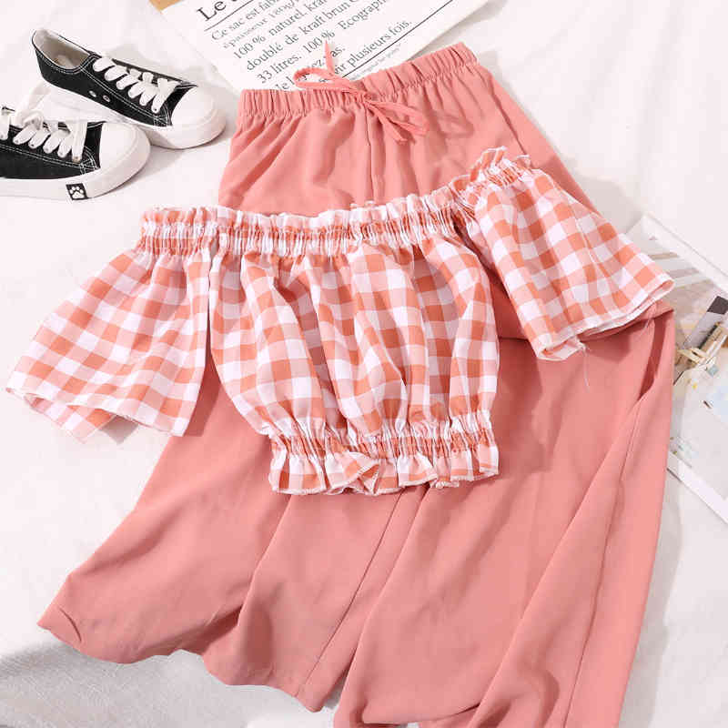 Summer Chiffon 2 Pieces Set Women Off Shoulder Plaid Crop Tops Blouse + Wide Leg Pants Casual Suit Korean Outfit 210519