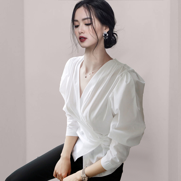 Spring Women White Blouse Shirt Elegant V-Neck Puff Sleeve Office Lady OL Slim Cotton Chic Tops 210519