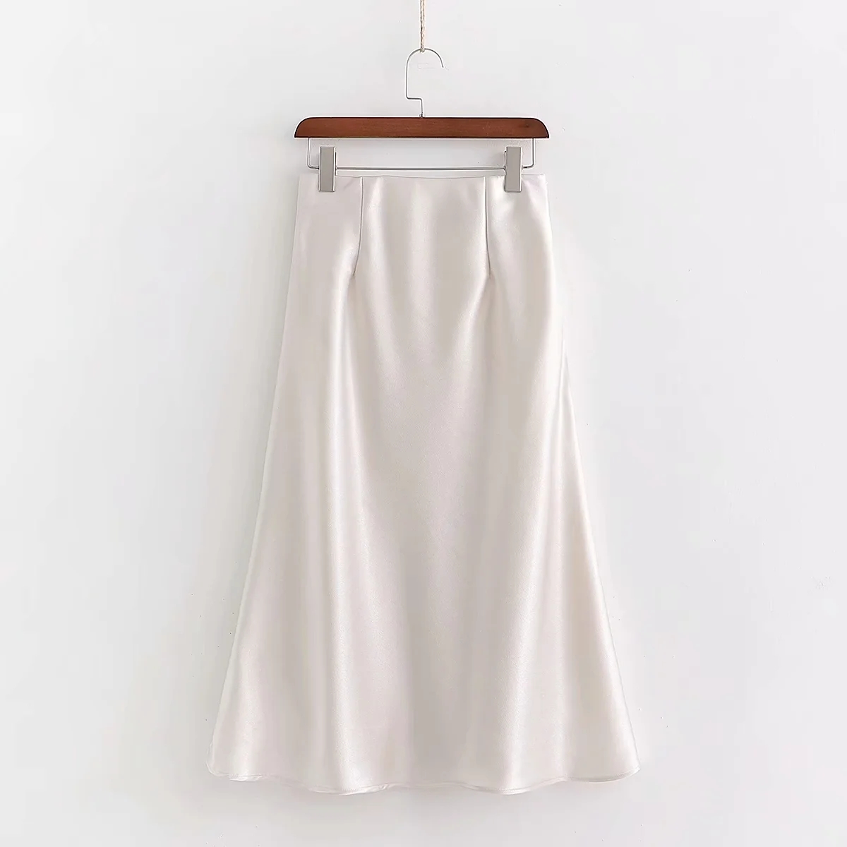 elegant silk high waist satin skirts women causal office midi vintage silver yellow A-Line 210521