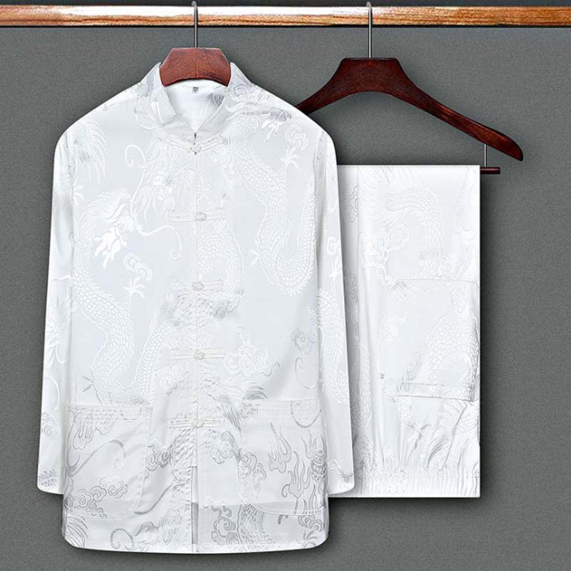 Tang Suit Shirt+Pants Shirt Mens Chinese Style Casual Shirts Men Kung Fu Uniform T-Shirt Mandarin Collar Long Sleeve Dragon 210524