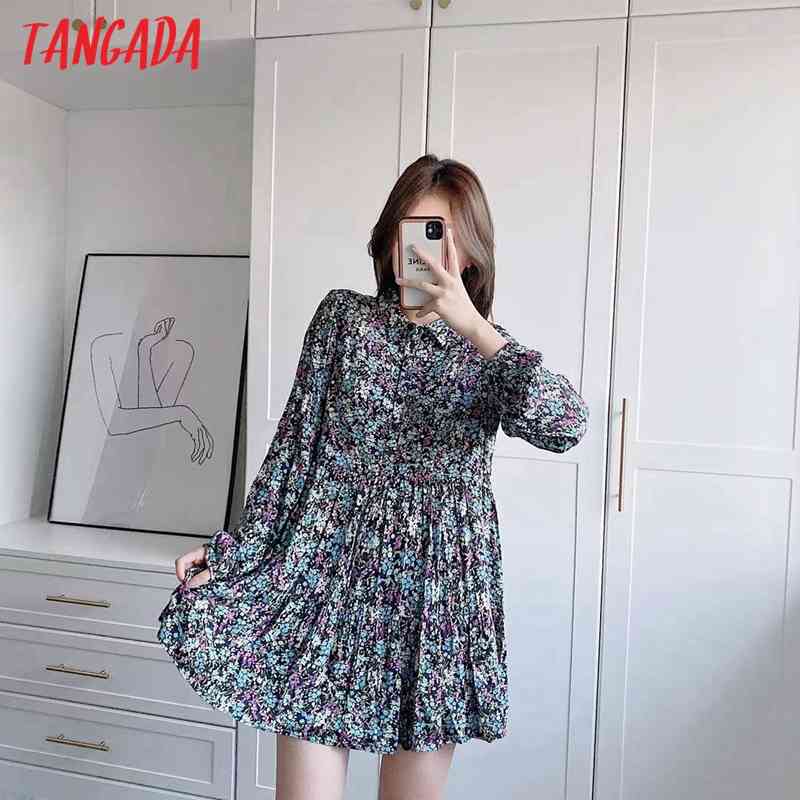 Fashion Women Flowers Print Shirt Buttons Long Sleeve Ladies Mini Dress 5Z66 210416