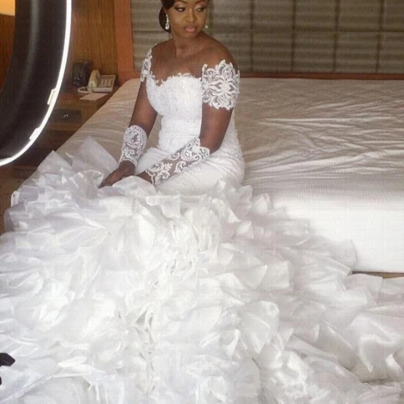 Charming Ruffles African Mermaid Wedding Dresses 2021 Sheer Neck Lace Bridal Gowns Gorgeous Tiered Organza Bride Dress