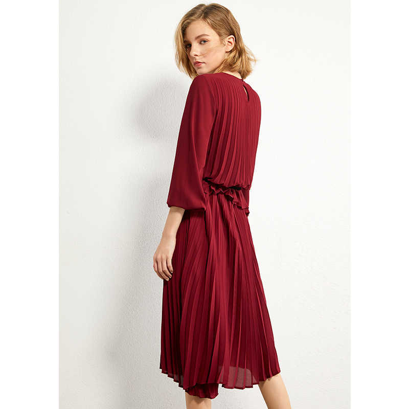 Minimalism Autumn Women's Dress Fashion Pleated Solid Oneck Loose Aline Knee-length Causal For Women 12030366 210527