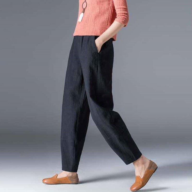 Spring Summer Women Pants Plus Size Loose Casual Harem Elastic Waist Pocket Cotton Linen Vintage Ladies Trousers D61 210512