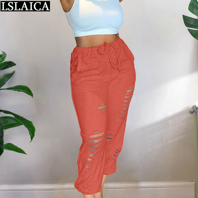 Woman Pants Sport Casual Loose Drawstring Pocket Hole Trousers Women Fashion Sale Solid Elastic Waist Pantalones Para Mujer 210515