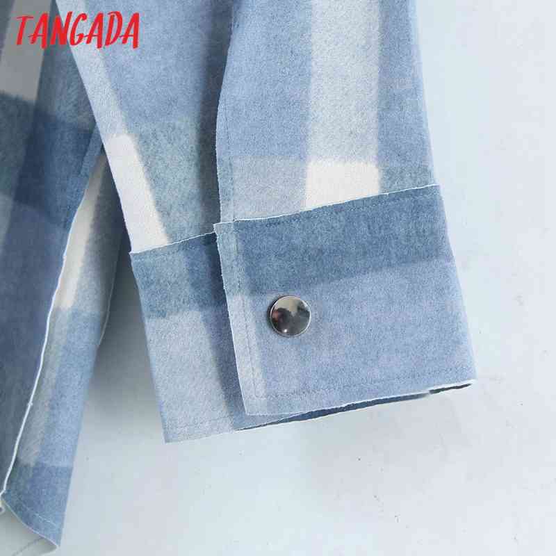 Women Blue Plaid Coats Jacket Loose Long Sleeves Pocket Ladies Elegant Coat QD07 210416