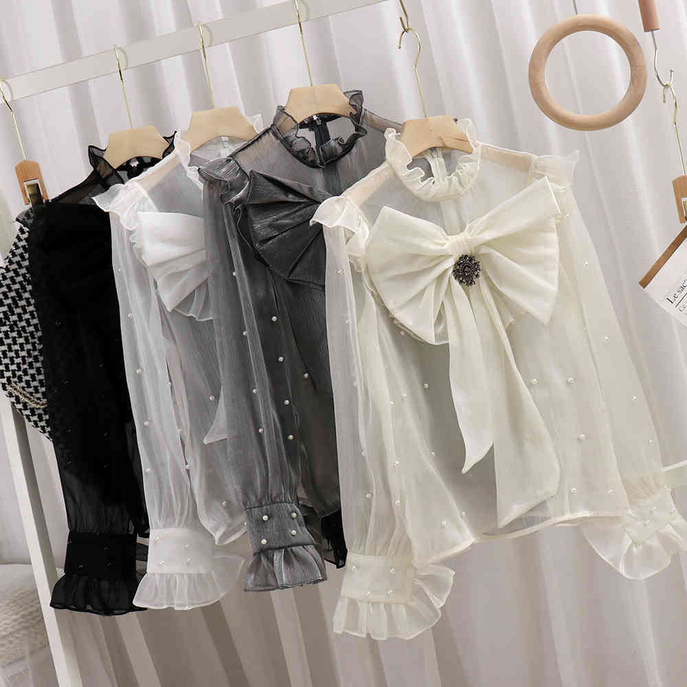 See Through Women Chiffon Shirt Blouse Bow Bandage Beading Blusas Femme Long Sleeve Summer Blouses 210519
