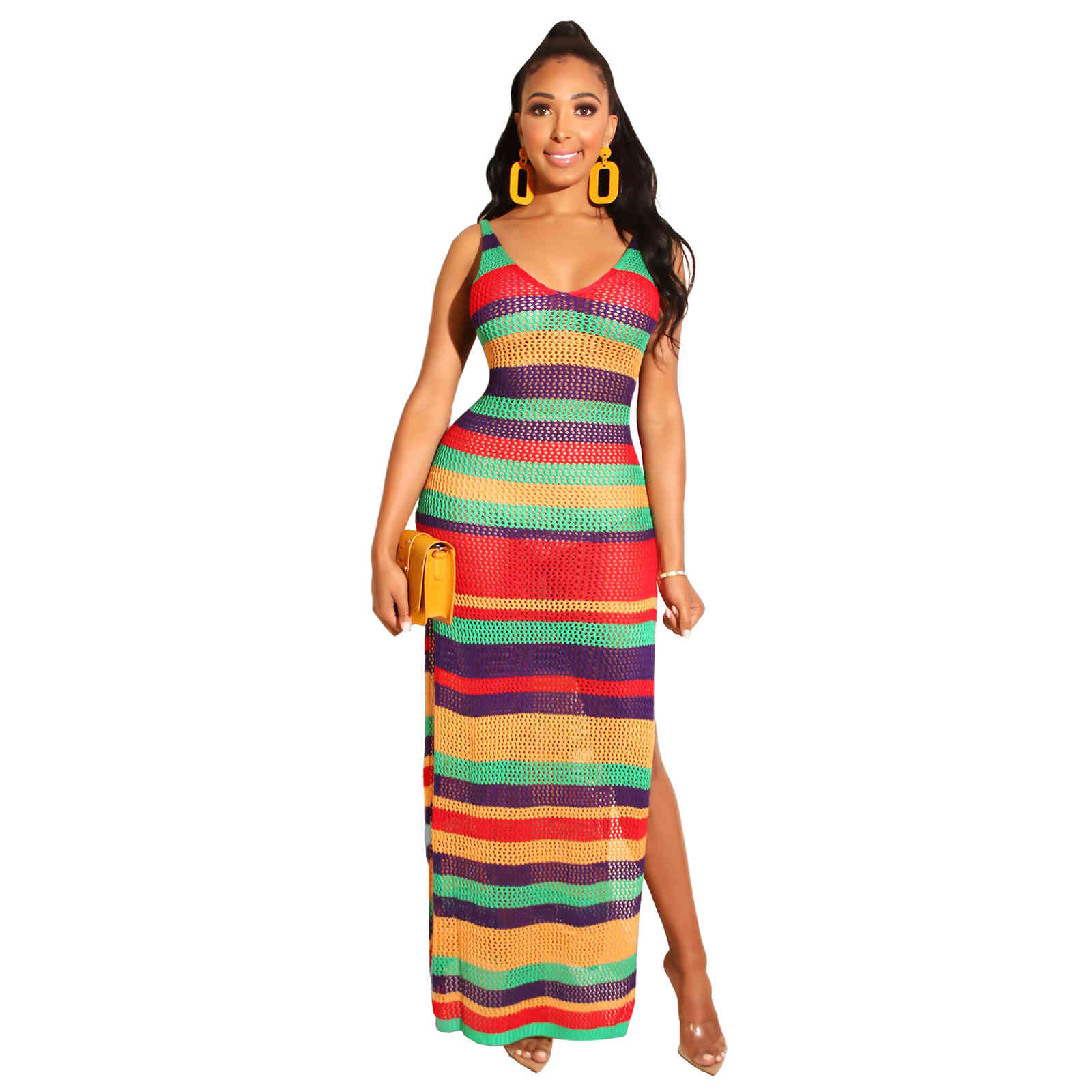 Sexy Bikini Cover-ups Handmade Rainbow Sleeveless Side Split Bodycon Summer Dress Crochet Tunic Women Swim Suit Cover up A376 210420