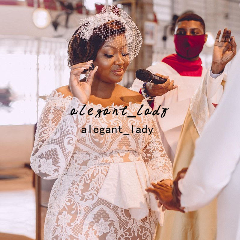 Plus Size African Mermaid Wedding Dresses 2022 Full Lace Long Sleeve Aso Ebi Peplum Nude Lining Garden Church Bridal Gowns Robes