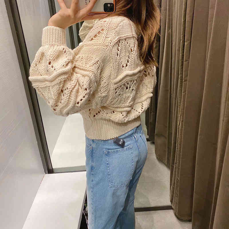 Knitted Cardigan Women Vintage Sweater Cute Cropped V Neck Pearl Buttons Long Sleeve Hollow Out Truien Strickjacke Damen Knit 210521