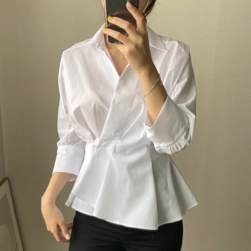 Nomikuma Chic Korean Pleated Slim Waist Women Blouse Long Sleeve Turn-down Collar Elegant Shirt Autumn New Blusa Top 6C504 210427