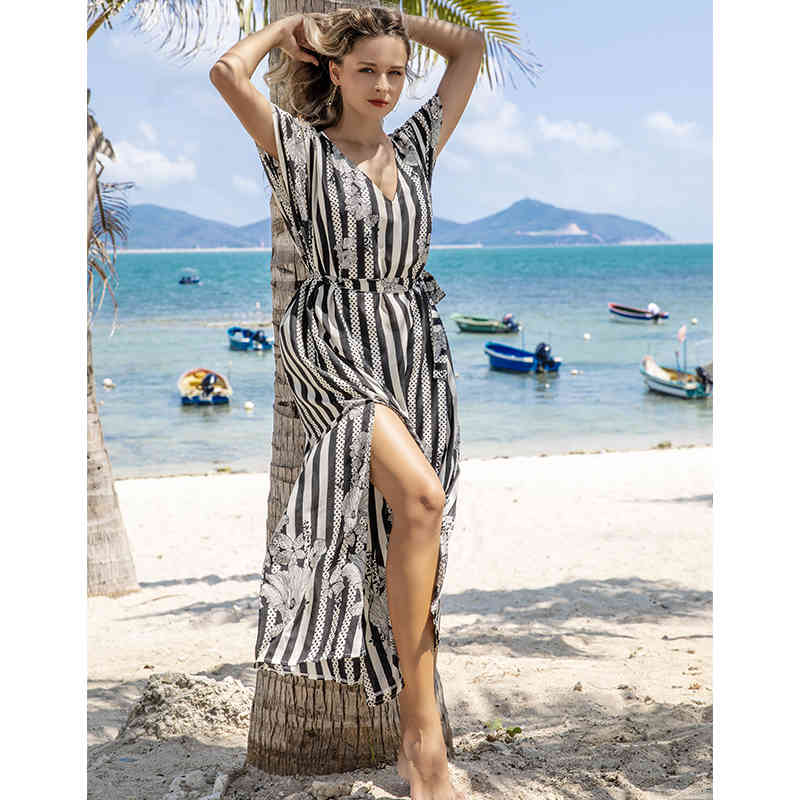 Sexy Bikini Cover-ups Cotton Tunic Casual Striped Summer Beach Dress Elegant Women Plus Size Wear Swim Suit Cover Up Q1117 210420
