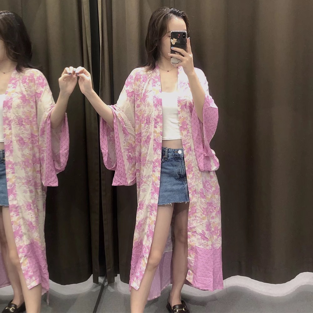 Autumn BOHO Location Floral Print Long Kimono Shirt Green Hippie Women Tie Bow Sashes Cardigan Loose Blouse Tops Holiday 210429