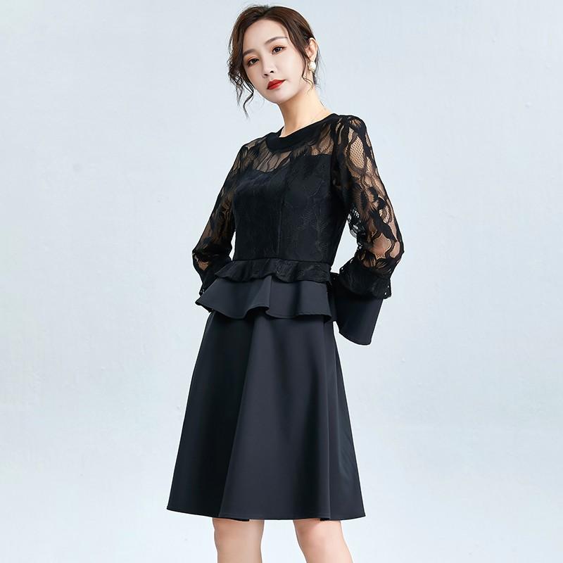 Women Print Dress Autumn O-neck Long Sleeve Fashion Lace Patchwork Plus Size Office Elegant Ladies Dresses Casual Midi