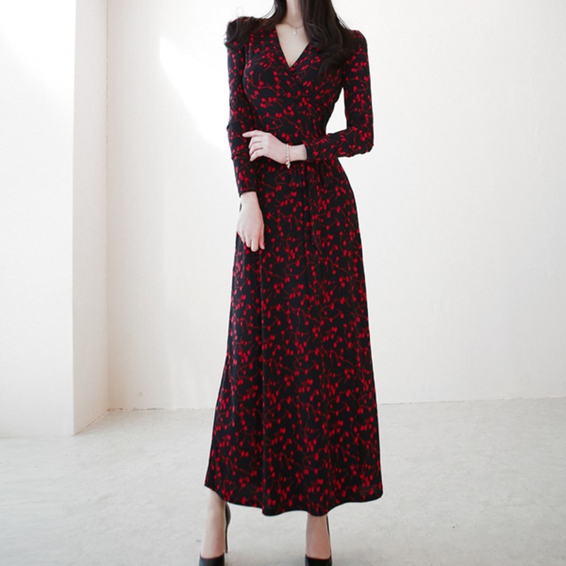 Women Spring Sexy V Neck Slim Floral Print Wrap Split Long Dress Party Office ladies High Waist Beach Maxi Dresses 210519