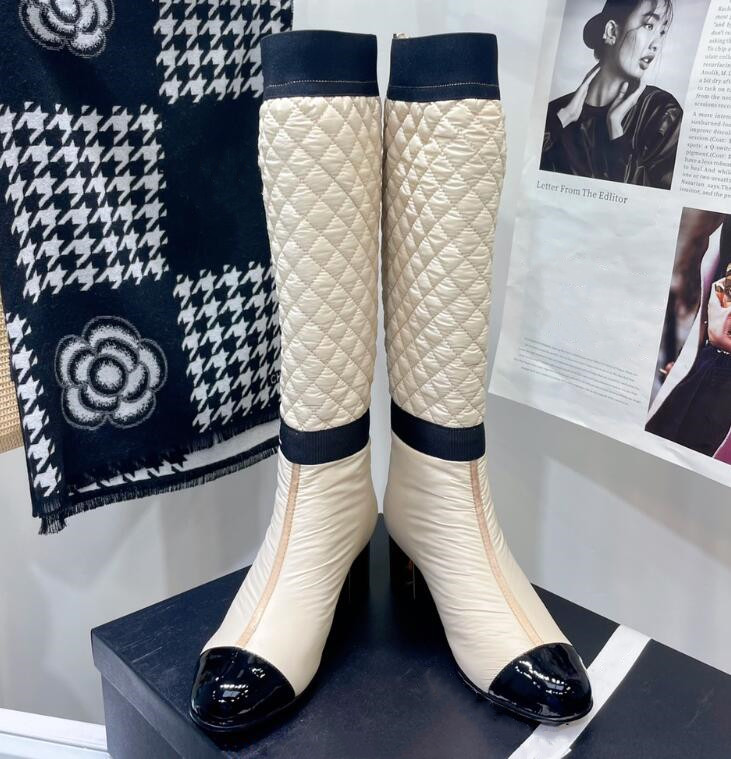 Fashion trendsetter big-brand boots are straight but knee-length zipper gold thick heel leather round bullet mouth white black beige