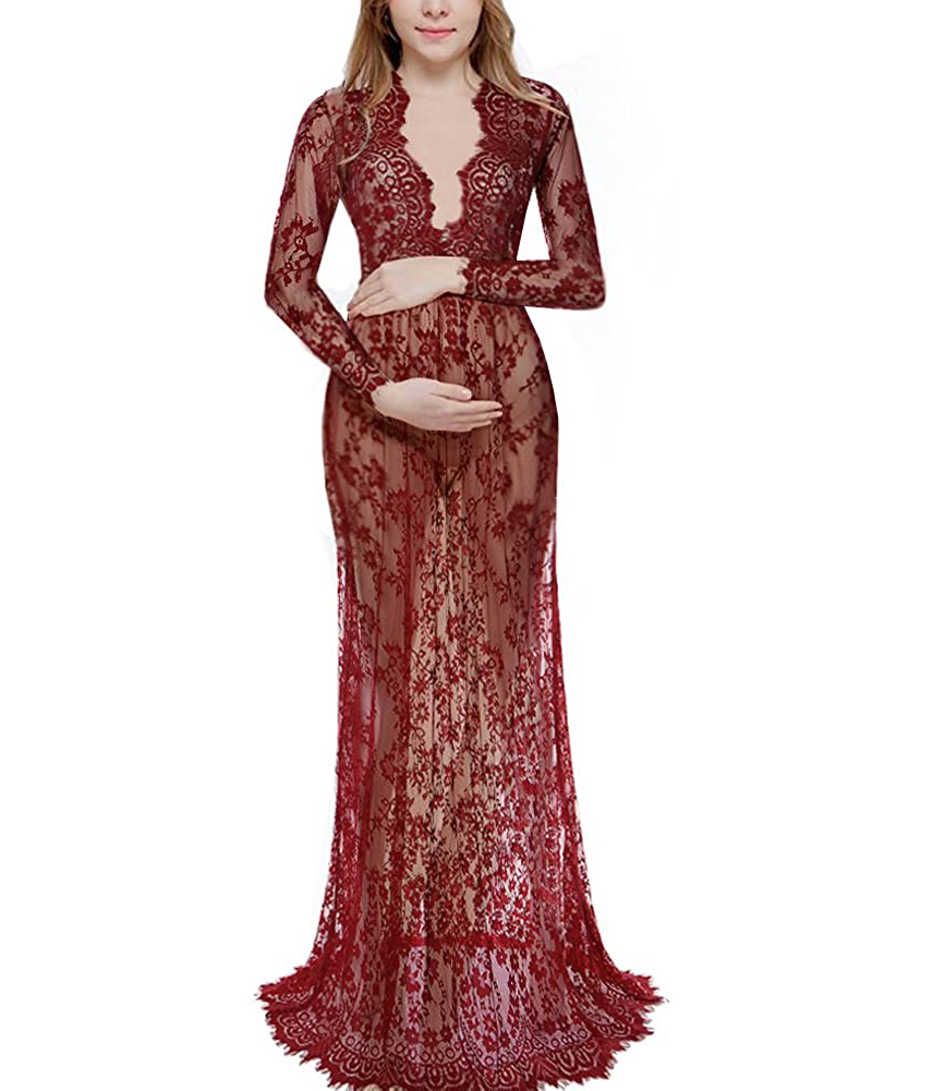Wine red Maternity Sleepwear Lace Applique V Neck long sleeve Skirts for Photoshoot Boudoir Lingerie Bathrobe Nightwear