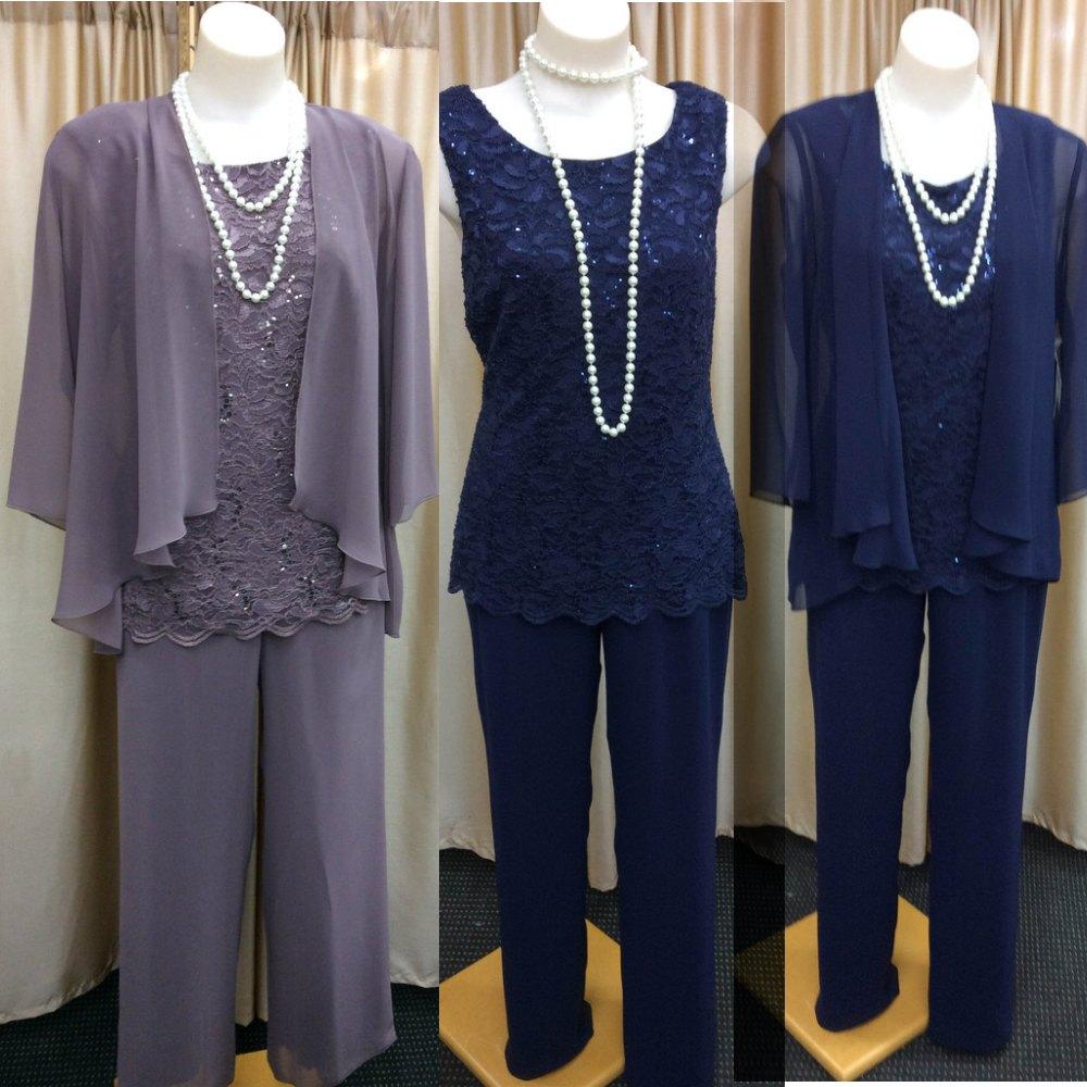 New Arrival Real Photo Scoop Neck Mother's Pants Suits Three Pieces Mother of the Bride Suits Long Sleeves Jacket Party Wear