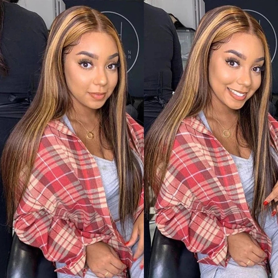 Highlight Brown Mixed Blonde Brazilian Wigs Straight Human Hair Machine made Synthetic Ombre Lace Frontal Wig