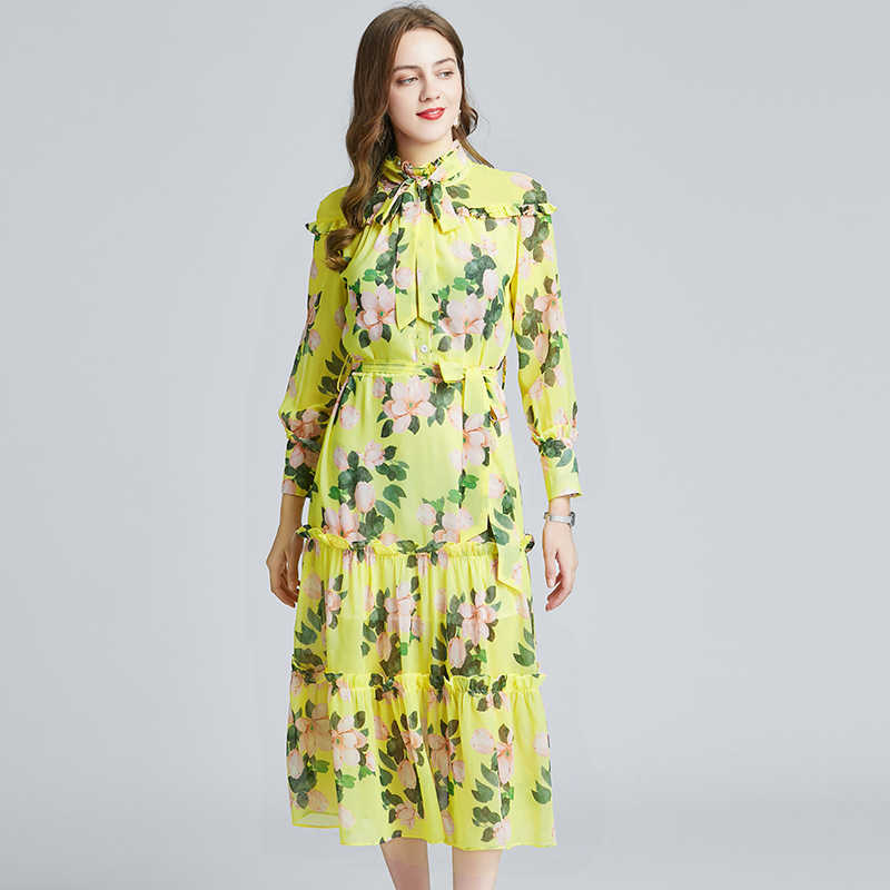 LY VAREY LIN Spring Women Dress Lace Up Stand Collar Print Elegant Chiffon Lady Midi Long 210526