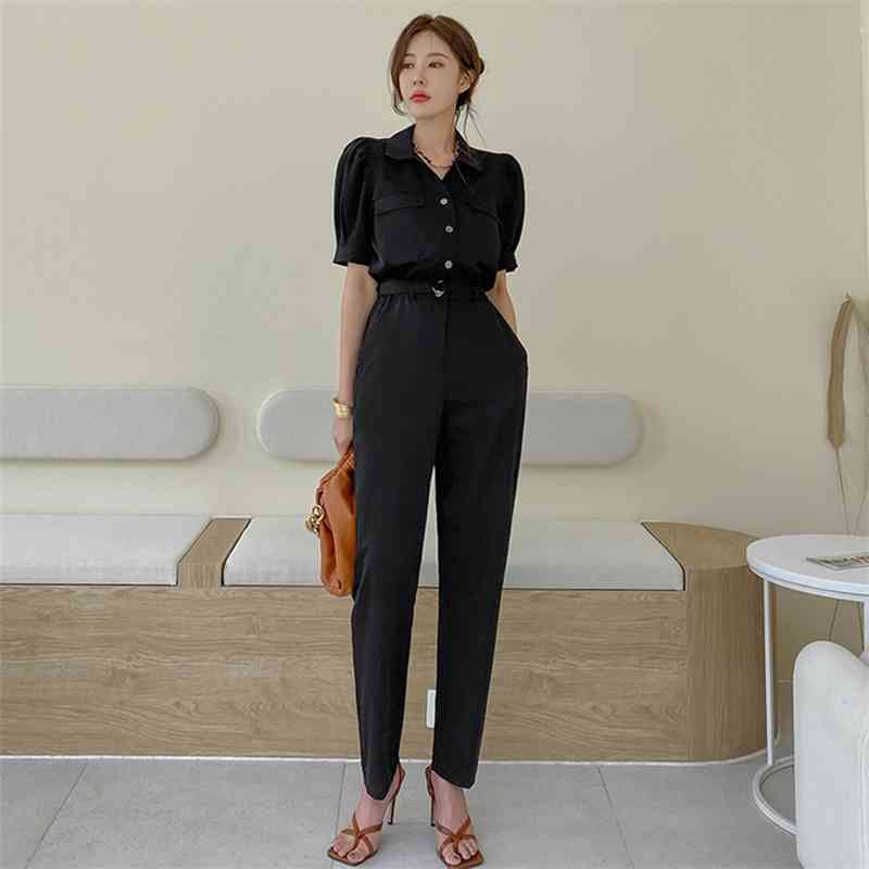 High Quality Black Jumpsuits Female Short sleeve Sexy Waist Pants Women Summer Fashion OL Clothes 210520, Beige