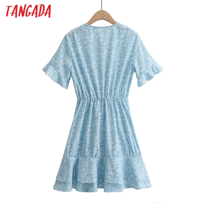 Summer Women Blue Floral Bow V Neck Short Sleeve Ladies Mini Dress Vestidos 1F115 210416