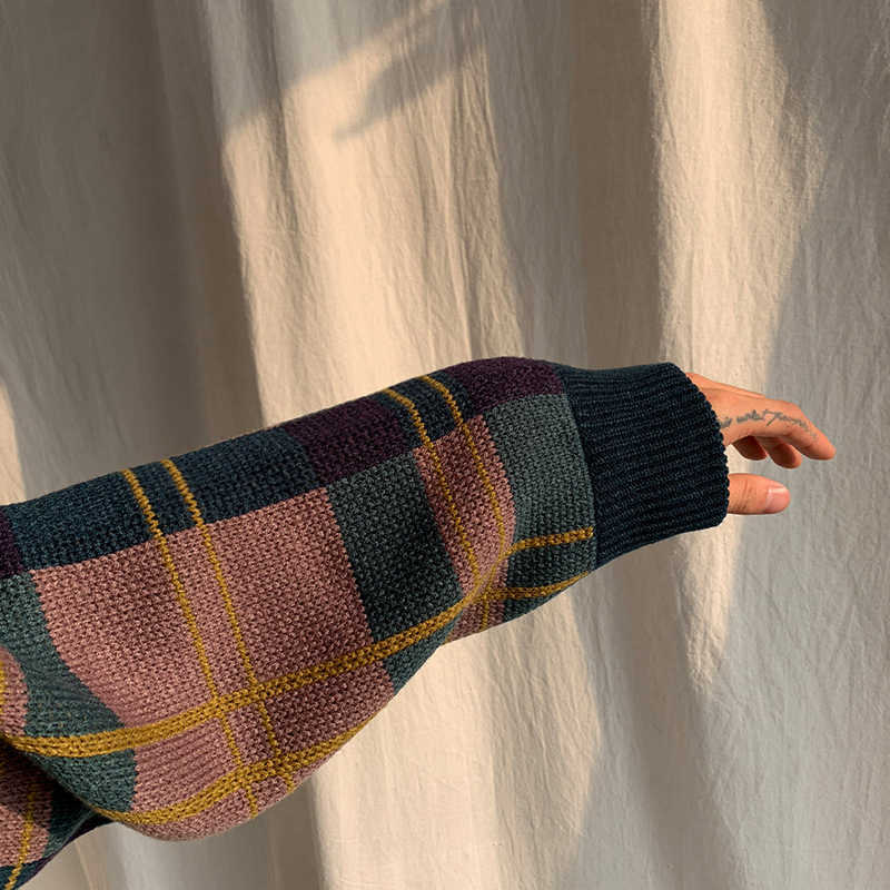 IEFB men's wear autumn winter thickened sweater Korean fashion color block patchwork plaid loose veintage kintted tops male 3242 211008