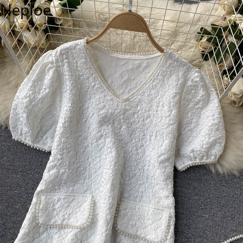 Neploe Women Elegant Korean Dress Heavy Beading V Neck Puff Short Sleeve A-line Mini Dresses Summer High Street White Vestidos 210422