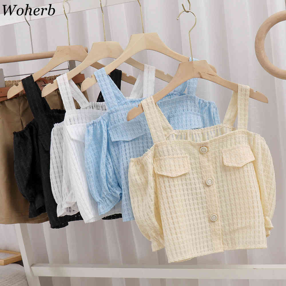 Off Shoulder Shirt Women Summer Blouses Slash Neck Spaghetti Strap Crop Tops Korean Sweet Short Sleeve Blusas Mujer 210519