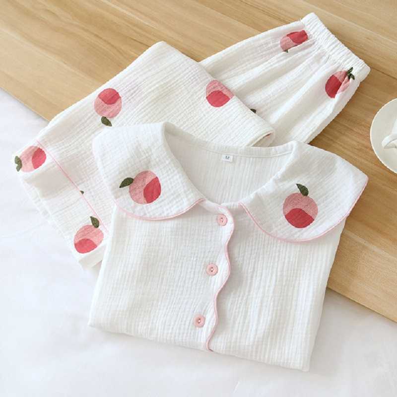 Doll Collar Spring Women Cute Cartoon Peach Print Pajamas Set 100% Gauze Cotton Full-Sleeve 2Pcs Sleepwear Casual Wear 210924