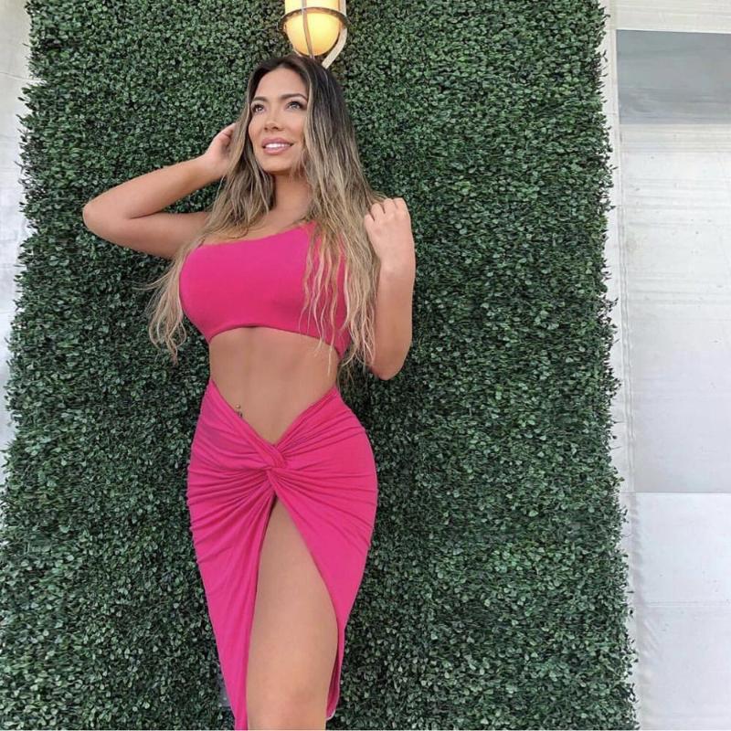 Summer Neon Color Two Piece Set Dress For Women One Shoulder Tops Side Ruched High Split Bandange Vestidos