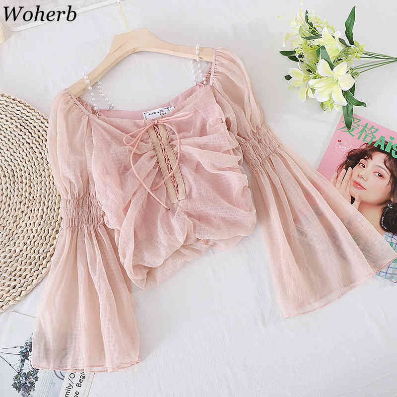 Blouse Women Chic Pearl Baeding Shirts Square Collar Chiffon Blusas Mujer Lace Up Flare Sweet Blouses Tops 95441 210519