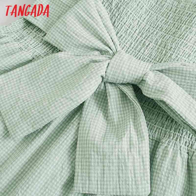Fashion Women Green Plaid Print Summer Vintage Puff Short Sleeve Back Bow Ladies Midi Dress 8M19 210416