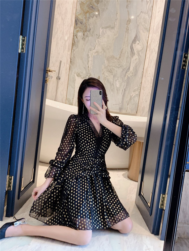 Women Fashion Polka Dot Sleeveless V-neck Print Dress One-piece Dresses dot stitching elegant Ruffle dress 210506