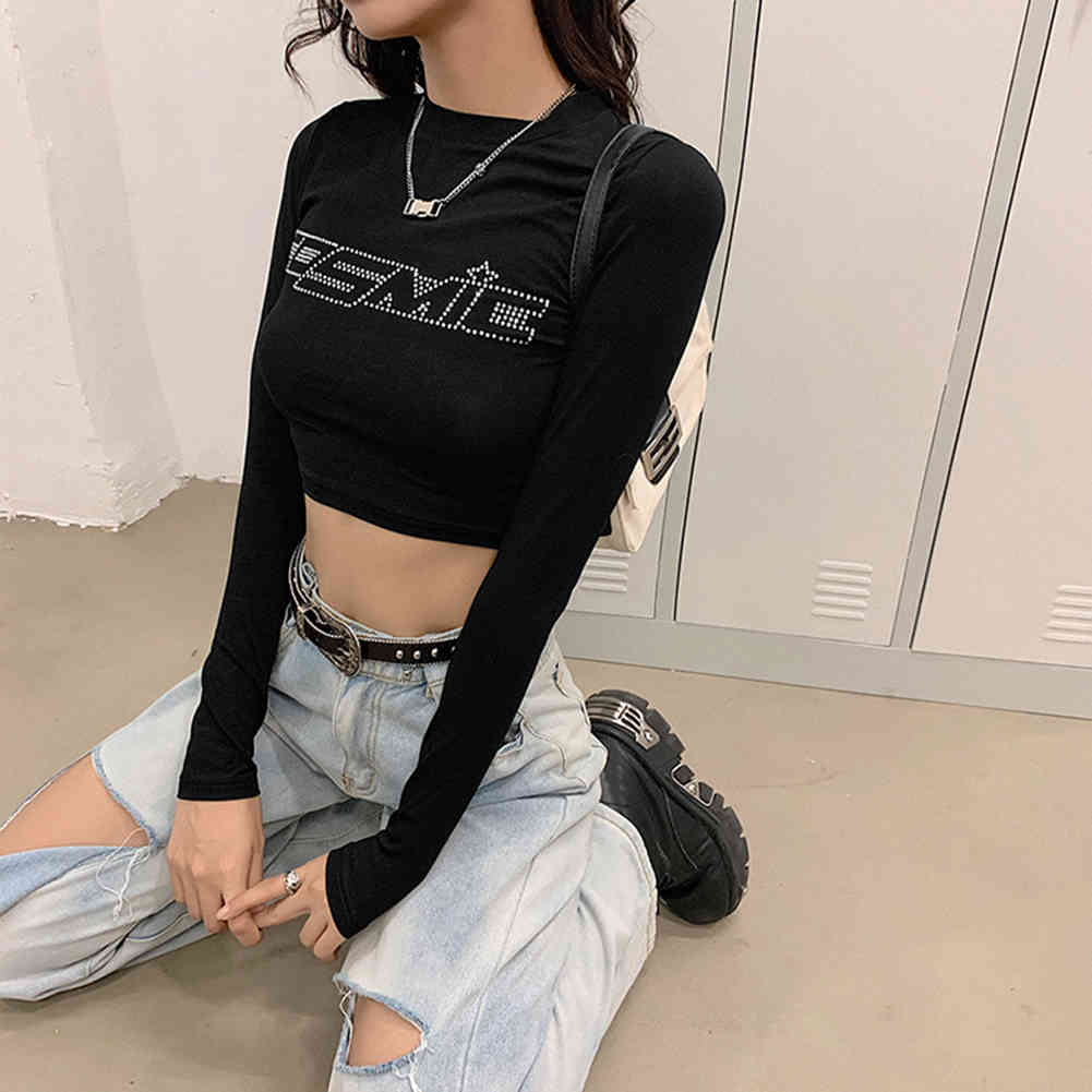 E-girl Rhinestone Letter Printed Tshirt Woman Street Bodycon Slim Y2k Crop Tops Female Soft Long Sleeve Basic 90s Aesthetic Tees 210406