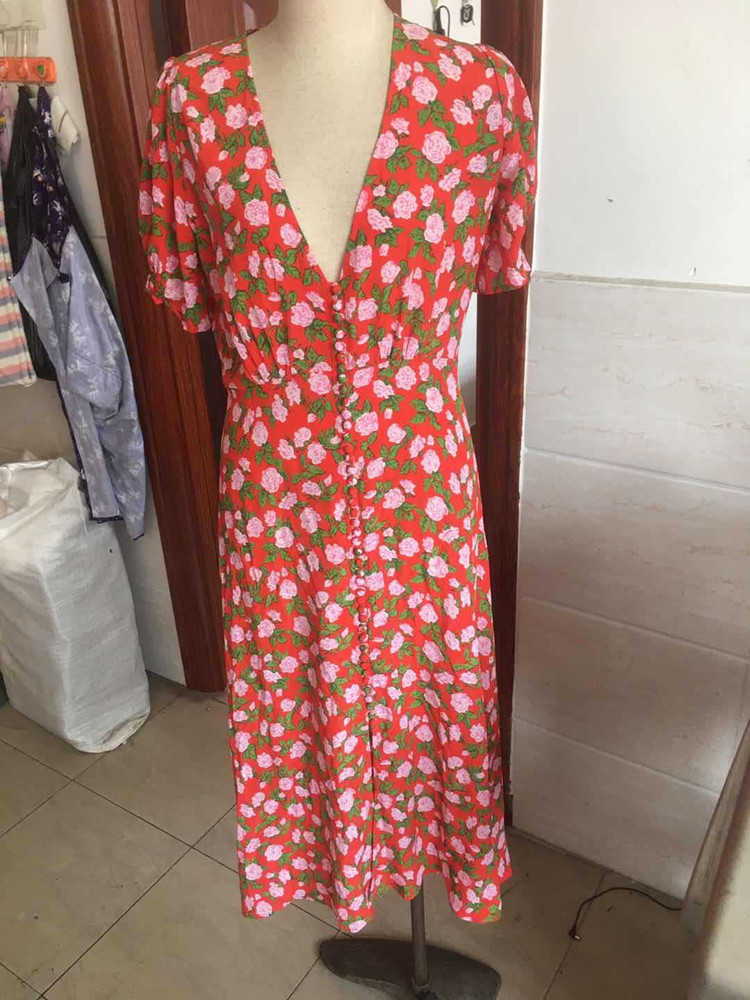Women Flowers Print Midi Dress V-neck lady Lantern Sleeve Dating Fairy Floral Female Long dresses With Buttons 210630