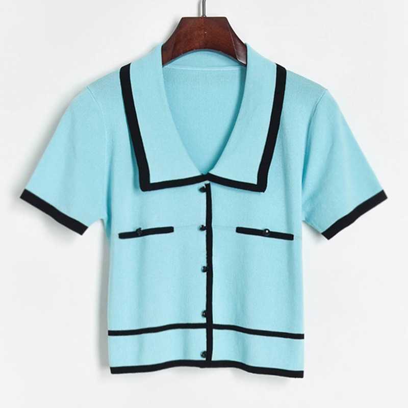 Hit Color Turn Down Collar Crop Cardigan Fresh All-match Thin Knit Blouses for Women Elegant Office Lady Woman Tops Summer 210525