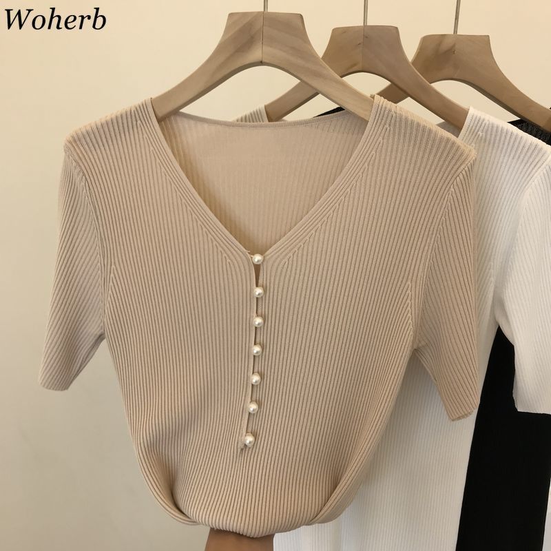 Pearl Button V Neck T Shirts Women Summer Casual Basic Short Sleeve Knitted Tops Fashion Elegant Thin Sweater Shirt 210519
