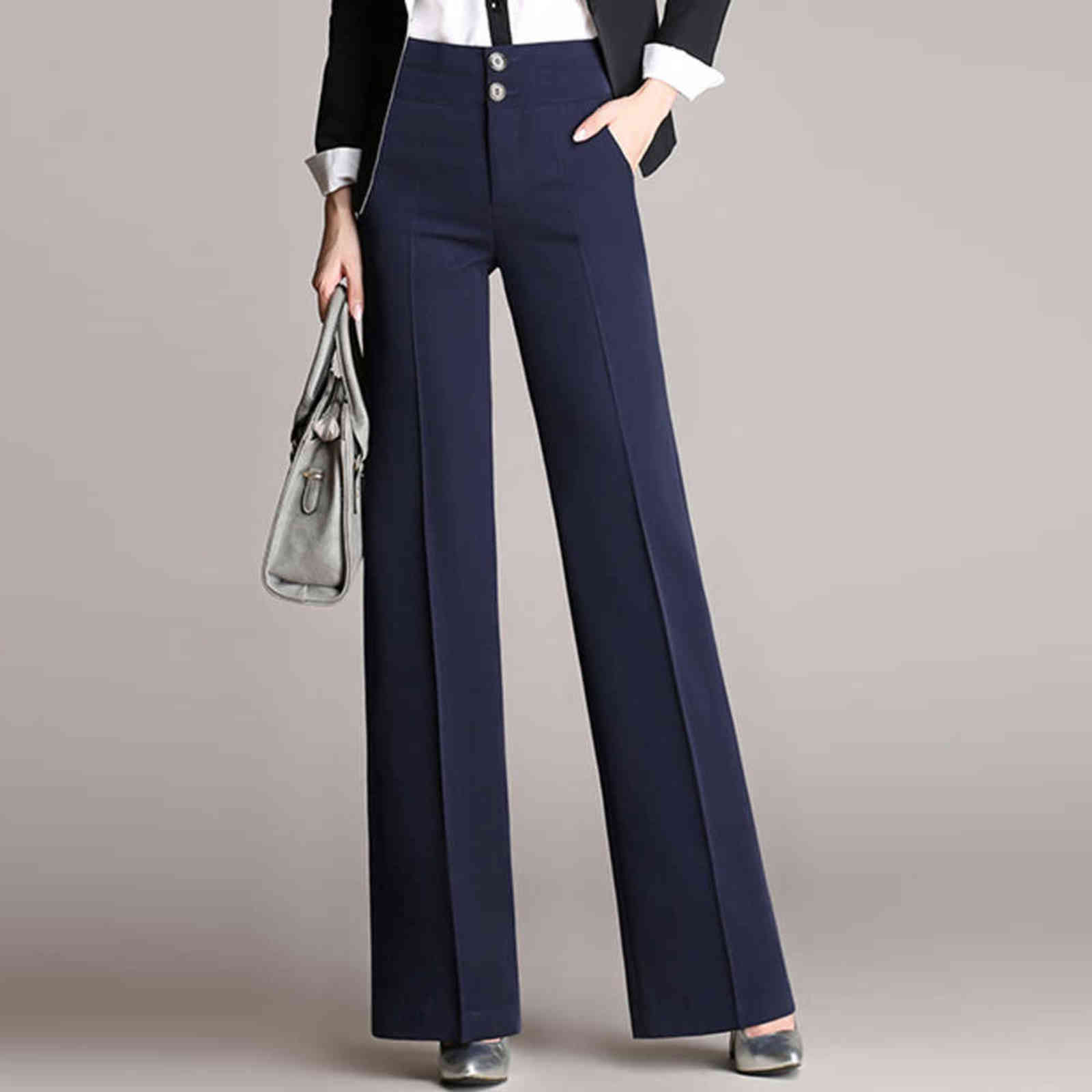 Arrivel Women High Waist Long Trousers Vintage Wide Leg Pants Elegant Office Lady Straight Black Navy Suit 211124
