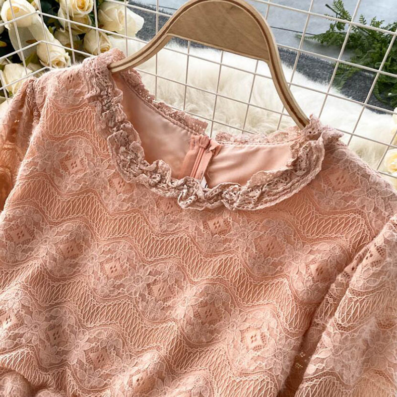 Elegant Party Dress Women Sweet Lotus leaf collar Slim Lace Dress Long Sleeve High Waist Ladies Midi Dress Vestidos 210521