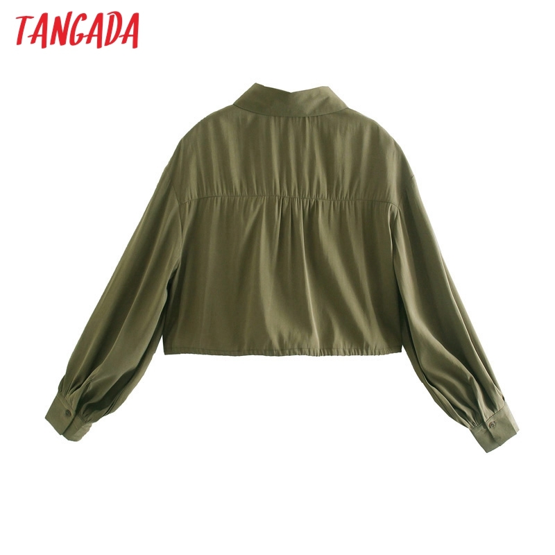 Women Retro Amy Green Oversize Crop Long Sleeve Chic Female Short Blouse Shirt Tops JE18 210416