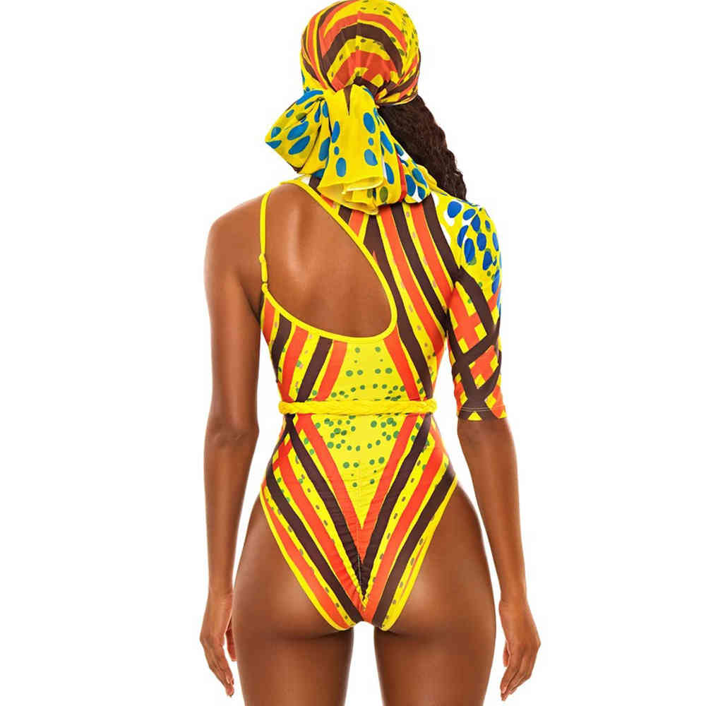 African Printed Swimsuit Women Swimwear Cut Out Monokini Shoulder Beach Bathing Suits Totem Swimming Suit 210520